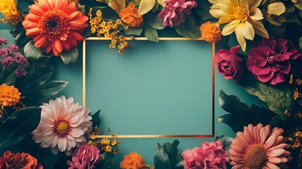 Floral frame with a golden rectangle on a teal background.