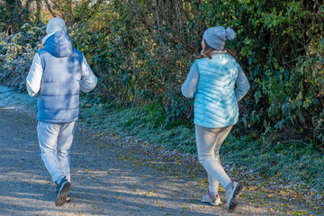 elderly couple running together, enjoying active retirement two people exercising together outdoors, frosty park path, back view active lifestyle and healthy aging sports in nature during cold weather
