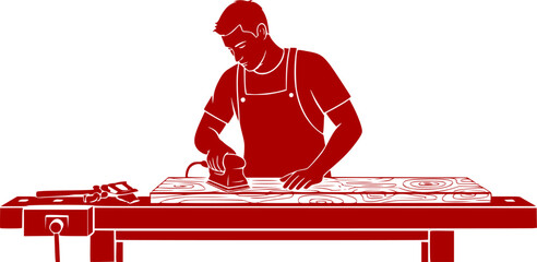 Carpenter man sanding wood plank craftsmanship vector icon
