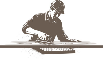 Carpenter man sanding wood plank craftsmanship vector icon
