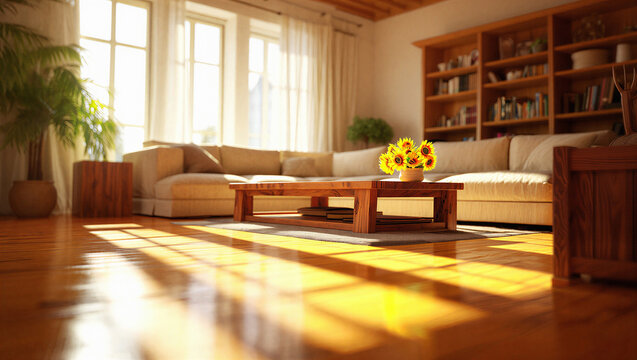 Warm and inviting living room with sunlight streaming through windows