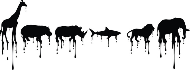 Creative melting animal silhouettes set featuring giraffe rhino shark lion and elephant with dripping paint effect for climate change concept design © Austomi's World
