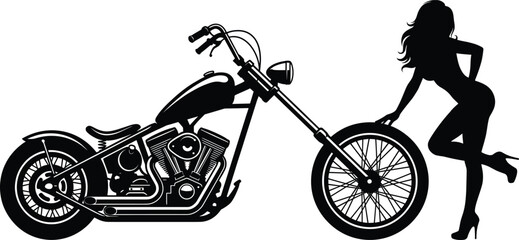 Custom chopper motorcycle silhouette with beautiful woman posing in high heels isolated on white background for biker lifestyle design © Austomi's World
