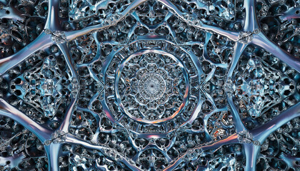 Intricate Blue Geometric Lattice Ceiling Architecture.