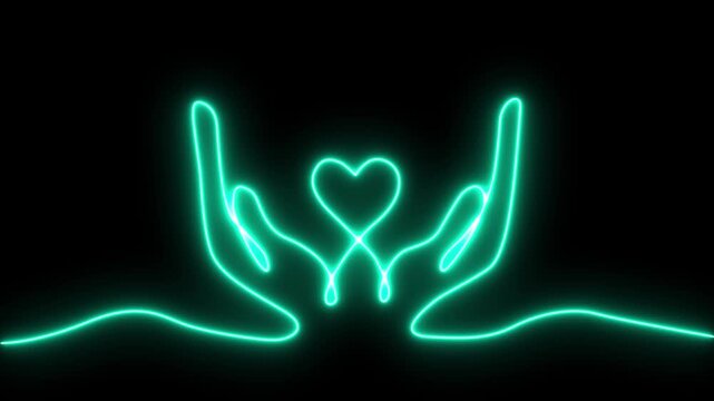 Glowing neon Continuous one line drawing with two hand holding heart shapes concept. charity donation linear symbol. Line drawing of heart Romantic symbol for on background 4k video.....