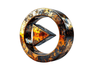 Metallic play button icon with distressed, rusted finish against black