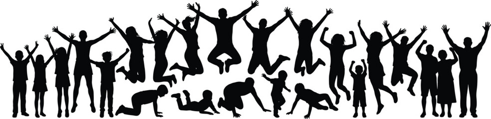 Large Group of Happy People Silhouette Set Jumping and Cheering in Celebration Representing Joy Community Success Freedom and Active Healthy Lifestyle