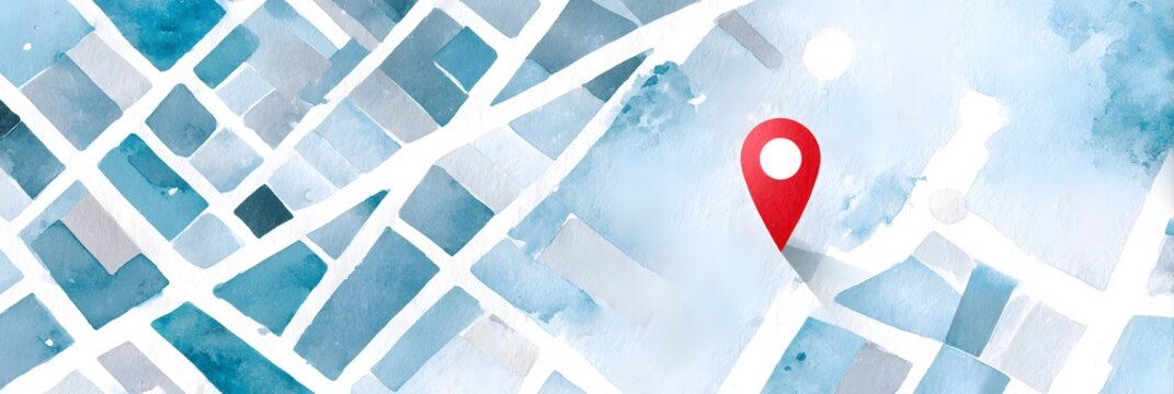 Watercolor abstract city map with red location pin marker, navigation and GPS destination concept
