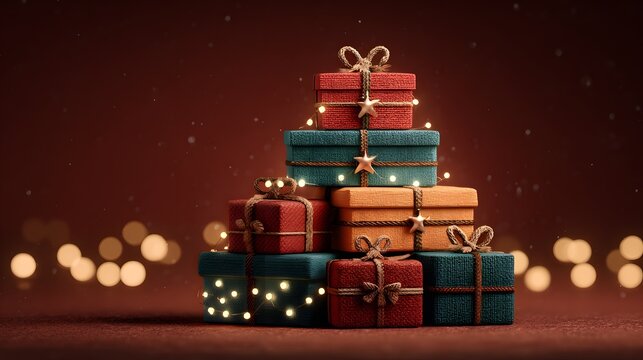 Pile of colorful gift boxes with twine and fairy lights, festive Christmas presents, holiday celebration concept - Powered by Adobe