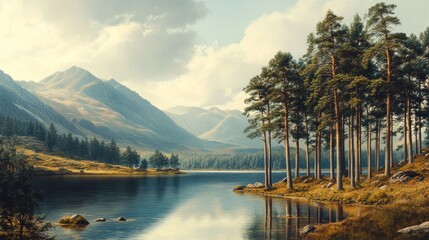 Naklejka premium A pine forest by a mountain lake under a cloudy sky illustrates the harmony of nature, making it a suitable backdrop for environmental projects and tourist brochures.