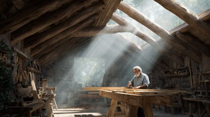 Old man working in a workshop. he is sitting at a wooden workbench and is focused on his work. the workshop is filled with various tools and equipment, including hammers, saws, and chisels.
