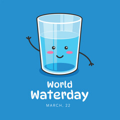 Illustration of a smiling glass of water with cute facial features and waving arms on a bright blue background, celebrating World Water Day on March 22