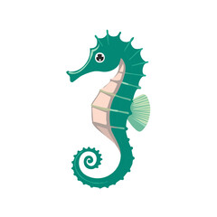 Fototapeta premium Cartoon seahorse illustration of aquatic animal swimming in ocean. Decorative colorful marine life with detailed fins and cute eyes.