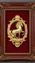 Elegant Golden Horse Sculpture Encased in a Richly Ornate Frame, Showcasing Artistry and Luxury