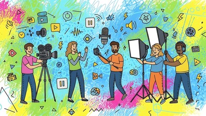 A group of diverse media professionals working together on a video production set, surrounded by creative doodle elements and technology icons.