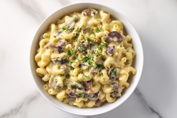 Creamy Mushroom Mac and Cheese. Gourmet comfort food featuring rich cheese sauce and saut&eacute;ed brown mushrooms, served in a white bowl on a marble surface.