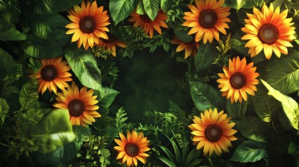 A vibrant arrangement of sunflowers with lush green foliage creates a circular frame.
