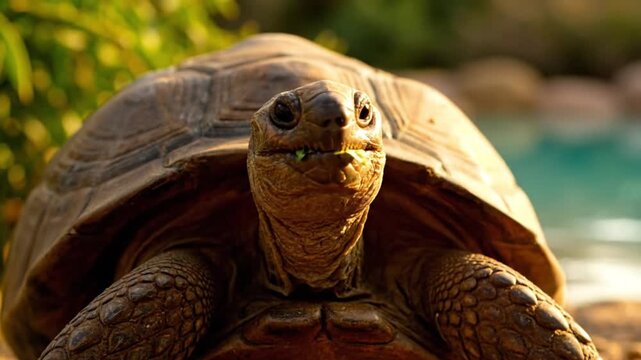Close-up of a giant tortoise eating green leaves in natural habitat