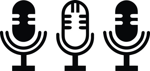 Microphone icon set: music, recording, podcast, mute, sound wave symbols in black 