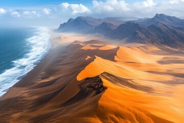 Majestic coastal desert landscape with dunes and mountains under cloudy sky