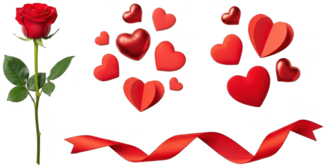 A vibrant, photorealistic red rose with lush green leaves stands gracefully alongside a cluster of plush, velvety red heart-shaped pillows and a flowing,, isolated on transparent background.