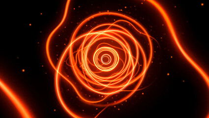 Abstract futuristic glowing red orange light trails spiraling into a tunnel vortex