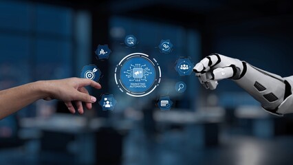 A human hand reaches out toward a robotic hand, surrounded by marketing automation icons in a sleek...