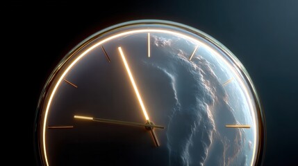 Close-up of a clock face with a dark background. the clock face is circular in shape and has a gold-colored hour hand and minute hand.