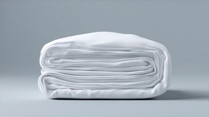 Stack of folded white sheets on a light grey background. the sheets are neatly folded and stacked on top of each other, creating a neat and tidy appearance.