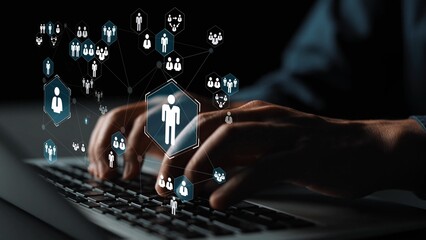 Hands typing on keyboard with digital network icons illustrating connectivity, communication, and data exchange in modern technology environments Gluon.