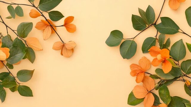 Autumn Leaves Arrangement on Soft Yellow Background with Green and Orange Hues