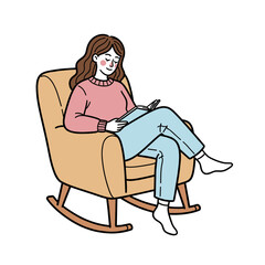 Young woman reading a book while sitting on a rocking chair  