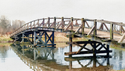 Historic wooden arch bridge over tranquil river scene.