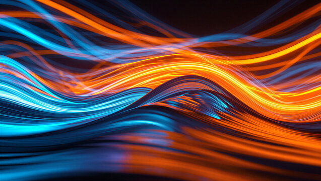 Abstract swirling light trails in vibrant blue and orange colors on dark background
