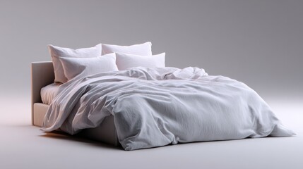 Bed with a white comforter and several white pillows on top of it. the bed has a beige headboard and is placed against a plain grey background.