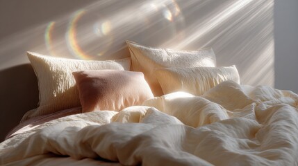 Bed with four pillows and a blanket on it. the pillows are beige in color and have a textured pattern. the blanket is white and has a ruffled texture.