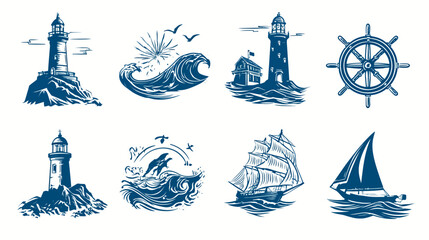 Hand-drawn Vintage Nautical Elements Set: Lighthouses, Ocean Waves, Sailing Ships, and Ship Wheel. Marine Adventure Theme.