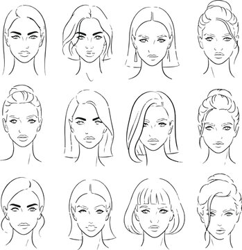 Beautiful Female Faces Set: Minimalist Line Art Portraits of Women with Various Hairstyles for Beauty Salon, Makeup, and Fashion Design