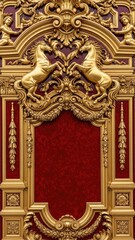 Fototapeta premium Ornate golden door featuring two rearing horses and rich red velvet background, a symbol of luxury and power