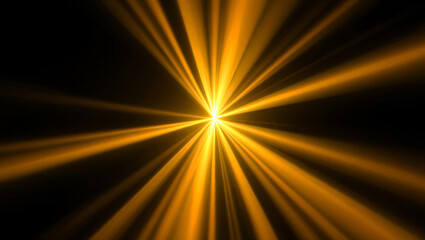 Abstract golden light rays and lens flare on a dark black background creating an effect