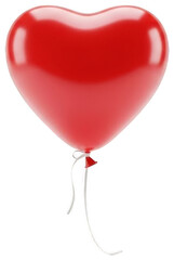 A vibrant, glossy, and realistically rendered red latex heart-shaped balloon with a slightly inflated and rounded form, gently suspended with a delicate white, isolated on transparent background.