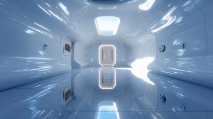 The interior of a futuristic tunnel with a high ceiling and a skylight. the walls and floor are made of transparent plastic, giving the space a futuristic and futuristic look.