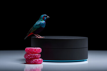 Vibrant exotic bird standing on a round display platform beside pink sugar candy in studio