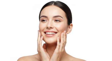 A beautiful young woman with her hands on her face smiling isolated on transparent background with a radiant glow