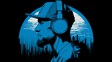Dynamic blue illustration of a man in profile wearing headphones and baseball cap, with abstract digital soundwave design elements.