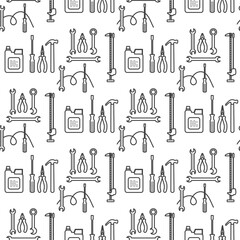 Seamless pattern of construction tools and containers in outline style for backgrounds