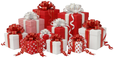 A vibrant assortment of rectangular gift boxes, crafted from glossy paper with varying patterns like red solid, white and red stripes, white with red polka dots,, isolated on transparent background.