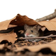 A small wild mouse is partially hidden beneath a layer of dry, brown autumn leaves on the forest floor. Twigs and soil are visible around the creature. Macro view.