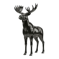 A glossy black sculpture of a moose with impressive antlers stands isolated on a white background under studio lighting, showcasing its majestic form.