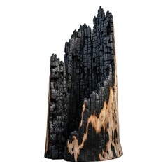Charred Wood Stump Isolated On White Background Showing Intense Heat Damage And Natural Texture With Contrasting Black Ash And Light Brown Wood